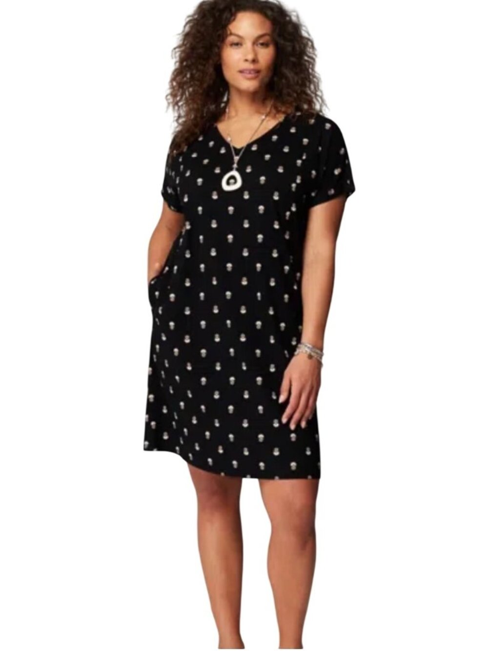 Pure Jill Black Floral V-Neck Organic Cotton T-Shirt Dress Petite L
